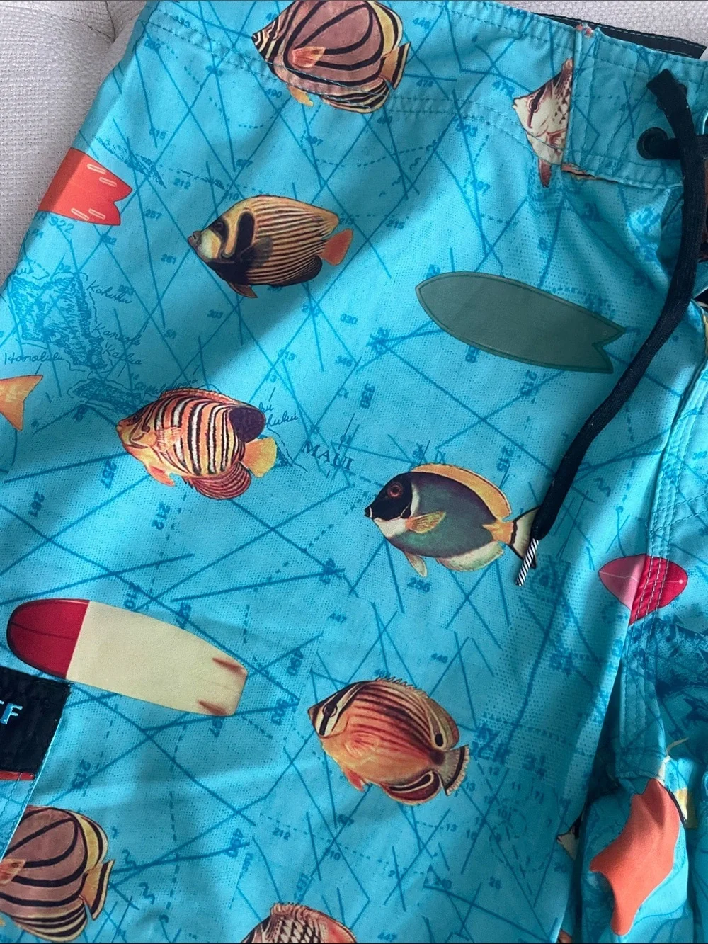 Reef Aqua Tropical Fish Surf Shorts with Multicolor Surfboard Print